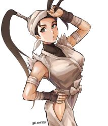 1girl artist_name bandaged_arm bandages bandana black_hair bow eyelashes grey_eyes hair_pulled_back hand_on_own_forehead highres hip_vent ibuki_(street_fighter) lightsosis long_hair open_mouth simple_background solo standing street_fighter street_fighter_iii_(series) twitter_username white_background white_bandana white_bow