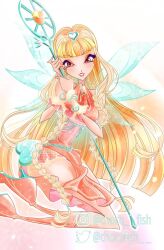 1girl bad_id bad_twitter_id bare_shoulders blonde_hair blue_wings blunt_bangs blunt_ends boots bracelet braid brown_eyes chest_jewel chocofish commentary detached_sleeves dress english_commentary eyelashes eyeshadow fairy fairy_wings food foot_out_of_frame frilled_skirt frilled_sleeves frills fruit gem hair_ornament halter_dress halterneck heart heart_hair_ornament high_heel_boots high_heels holding holding_staff instagram_username jewelry knee_boots kneeling lace-trimmed_wrist_cuffs lace_trim light_blush light_particles lipstick long_dress long_hair looking_at_viewer magical_girl makeup microskirt official_alternate_costume orange_(fruit) orange_background orange_boots orange_dress orange_eyeshadow orange_gemstone orange_skirt orange_slice outline parted_lips pink_lips pleated_skirt puffy_short_sleeves puffy_sleeves short_sleeves side_braids side_slit skirt skirt_under_dress solo staff stella_(winx_club) teeth transparent_wings twin_braids twitter_username very_long_hair watermark wavy_hair white_outline wings winx_club wrist_cuffs yellow_wrist_cuffs