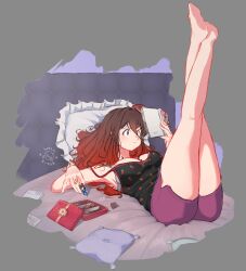 1girl 1other absurdres artist_name barefoot black_camisole book box box_of_chocolates bra bra_peek breasts brown_eyes brown_hair camisole chocolate closed_mouth commentary crackers_in_bed_cover_redraw_(meme) crossed_legs derivative_work food_print fruit_print gradient_hair grey_background grey_bra highres holding holding_book holding_mini_person large_breasts legs_up long_hair lying manga_(object) meme mini_person multicolored_hair nicole_(well_zitos) on_back on_bed original pillow print_camisole purple_shorts reading red_hair short_shorts shorts soles strawberry_print thighs underwear well_zitos yuruyuri