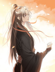 1boy bishounen black_hair black_hanfu brown_hair chinese_clothes cloud cup falling_petals from_side grey_eyes hair_ribbon hanfu high_ponytail holding holding_cup long_hair long_sleeves looking_to_the_side male_focus modao_zushi outdoors petals ponytail profile red_ribbon red_sash ribbon robe sakazuki sash sky solo standing upper_body very_long_hair wei_wuxian wide_sleeves ykmr_(haga)