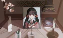 Rule 34 | black hair, black sailor collar, breasts, collarbone, danganronpa (series), danganronpa v3: killing harmony, flower, gakkiyui1, hair ornament, hairclip, harukawa maki, highres, iei, long hair, low twintails, mole, mole under eye, no humans, photo (object), red eyes, red scrunchie, red shirt, sailor collar, scrunchie, shirt, small breasts, twintails, vase