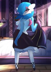 1girl absurdres alternate_color alternate_eye_color alternate_hair_length alternate_hairstyle ashraely back bed black_shirt black_shoes black_skirt blue_hair blue_skin blush breasts colored_skin commission creatures_(company) curtains day desk female_focus flower from_behind full_body game_freak gardevoir gen_3_pokemon hair_flower hair_ornament hair_over_one_eye half-closed_eyes hand_up highres holding indoors inkwell long_hair looking_at_viewer looking_back medium_breasts multicolored_skin nintendo nipples open_mouth pink_eyes pink_flower pokemon pokemon_(creature) shiny_pokemon shiny_skin shirt shoes skirt solo standing topless_female two-tone_skin unworn_shirt white_skin