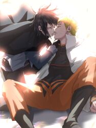 2boys absurdres black_boots black_gloves black_hair black_pants black_shirt blonde_hair boots boruto:_naruto_next_generations cape closed_eyes collared_cape commentary english_commentary facial_mark gloves highres imminent_kiss kneeling long_sleeves looking_at_another male_focus mi73suki mixed-language_commentary multiple_boys naruto_(series) orange_pants pants popped_collar shirt short_hair sleeve_cuffs uchiha_sasuke uzumaki_naruto whisker_markings white_background white_cape yaoi