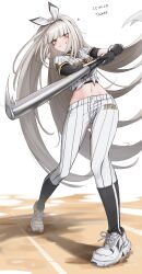 1girl :t absurdres artist_name baseball baseball_bat baseball_jersey baseball_uniform black_gloves black_hairband black_undershirt blanc_(nikke) blanc_(no._77_batter)_(nikke) blunt_bangs blush bow breasts commentary dated floating_hair gloves goddess_of_victory:_nikke hair_bow hairband highres holding holding_baseball_bat jersey kneehighs long_hair medium_breasts metal_baseball_bat midriff navel official_alternate_costume pants pout shirt shoes simple_background sneakers socks sportswear standing stomach sweatdrop swinging_baseball_bat ticker_(kks2ksy) tied_shirt very_long_hair white_background white_bow white_hair white_pants white_shirt white_sneakers yellow_eyes