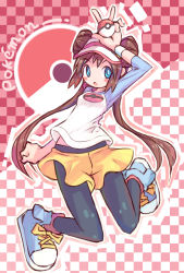 Rule 34 | 10s, 1girl, :o, blue eyes, brown hair, double bun, female focus, hair bun, hat, nintendo, open mouth, poke ball, pokemon, pokemon bw2, rosa (pokemon), shoes, sneakers, solo, visor cap, zerosonicly