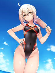 1girl ahoge artoria_pendragon_(fate) black_one-piece_swimsuit blue_sky breasts cloud commentary_request competition_swimsuit covered_navel cowboy_shot day fate/grand_order fate_(series) food glasses gluteal_fold groin hand_on_own_hip highleg highleg_one-piece_swimsuit highres holding jacket mysterious_heroine_x_alter_(fate) namonashi one-piece_swimsuit open_clothes open_jacket outdoors popsicle sky small_breasts solo standing swimsuit