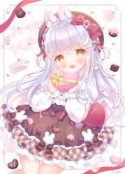 1girl :d animal_ear_fluff animal_ears black_hat blush bow box brown_hat brown_skirt carrot_hair_ornament chocolate commentary_request cowboy_shot dated earrings food-themed_clothes food-themed_hair_ornament gift gift_box gold_earrings hair_bow hair_ornament hat heart heart-shaped_bag heart-shaped_box heart_earrings highres holding holding_gift jewelry long_hair long_sleeves looking_at_viewer name_tag omochi_monaka open_mouth original puffy_long_sleeves puffy_sleeves rabbit_ears red_bow shirt signature skirt smile solo valentine white_hair white_shirt yellow_eyes