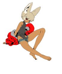 1boy animal_ears barefoot black_leotard blonde_hair brown_eyes closed_mouth commentary_request fennec_fox fox_boy fox_ears full_body hand_up highres ibispaint_(medium) jacket jacket_partially_removed knee_up leotard long_sleeves looking_at_viewer male_focus micro_shorts original red_jacket shima_(wansyon144) short_hair shorts simple_background sitting sleeveless sleeves_past_fingers sleeves_past_wrists solo trap white_background