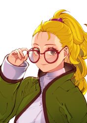 Rule 34 | 1girl, blonde hair, brown eyes, chienon, closed mouth, final fantasy, final fantasy v, glasses, hair ornament, highres, krile mayer baldesion (ff5), long hair, looking at viewer, ponytail, scholar (final fantasy), simple background, smile, solo, white background