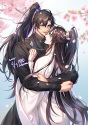 2boys absurdres birthday black_hair black_hanfu blue_background blue_ribbon blurry blurry_background blurry_foreground branch brown_hair character_name chinese_clothes chromatic_aberration chu_wanning cowboy_shot depth_of_field english_text erha_he_tadebai_mao_shizun eye_contact falling_petals flower gradient_background hair_ribbon half_updo hands_on_another&#039;s_chest hanfu high_ponytail highres hug korean_commentary long_sleeves looking_at_another lower_teeth_only male_focus mo_ran multiple_boys open_mouth petal_on_head petals pink_flower pink_petals ponytail purple_eyes ribbon teeth white_hanfu wide_sleeves xiao_guan_(headdress) yaoi zehel_az