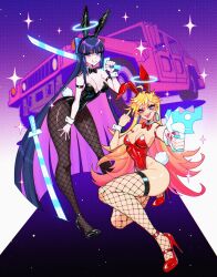 2girls animal_ear_hairband animal_ears bare_shoulders black_leotard blonde_hair blue_eyes blue_hair blunt_bangs bow bowtie breasts cleavage colored_inner_hair covered_navel crystalsugarstars detached_collar earrings fake_animal_ears fake_tail fishnet_pantyhose fishnets hairband halo highleg highleg_leotard highres holding holding_sword holding_weapon hoop_earrings hummer hummer_h1 jewelry large_breasts leotard long_hair looking_at_viewer middle_finger motor_vehicle multicolored_hair multiple_girls panty_&amp;_stocking_with_garterbelt panty_(psg) pantyhose pink_hair planted planted_sword planted_weapon playboy_bunny rabbit_ear_hairband rabbit_ears rabbit_tail red_leotard see-through_(psg) siblings sisters smile stocking_(psg) strapless strapless_leotard sword tail thighhighs traditional_bowtie traditional_halo two-tone_hair weapon white_wrist_cuffs wrist_cuffs
