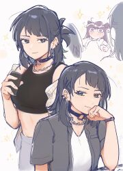 2girls absurdres bang_dream! bang_dream!_it&#039;s_mygo!!!!! black_choker black_hair black_sports_bra blue_eyes blush bracelet can choker commentary_request ear_piercing grey_jacket highres holding holding_can jacket jewelry midriff multiple_girls nervous_sweating piercing purple_eyes shiina_taki shirt simple_background sports_bra sweat tenrouza_ray white_background white_shirt yahata_umiri