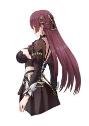 1girl black_dress breasts brown_hair commentary_request cropped_torso dress earrings eden_(honkai_impact) from_side hair_ornament highres honkai_(series) honkai_impact_3rd jewelry kinnan large_breasts long_hair sideboob simple_background solo very_long_hair white_background