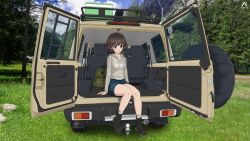 1girl absurdres acrux akiyama_yukari ankle_boots artist_logo backpack bag black_boots blue_skirt blue_sky boots brown_eyes brown_hair car casual cloud cloudy_sky commentary dated day drawstring english_commentary forest girls_und_panzer grass grey_hoodie grey_skirt grin highres hood hood_down hoodie legs logo messy_hair miniskirt motor_vehicle nasa_logo nature nissan nissan_safari outdoors photo_background short_hair sitting skirt sky smile solo spare_tire sports_utility_vehicle thighs unused_tire