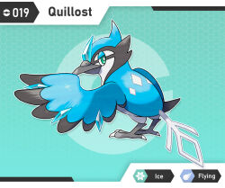 beak bird bright_pupils character_name english_text fakemon full_body green_eyes looking_at_viewer nintendo no_humans patricia755 pokemon solo white_pupils