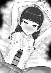 1boy 1girl absurdres armpits arms_up bandaged_wrist bandages bar_censor bed_sheet blunt_bangs blush censored commentary_request cum cum_on_body cum_on_chest erection flat_chest freckles greyscale hetero highres kaiman_garupan kusuriya_no_hitorigoto looking_at_viewer lying maomao_(kusuriya_no_hitorigoto) medium_hair monochrome nipples nude on_back parted_lips penis pov pov_crotch ribs skinny solo_focus sweat v-shaped_eyebrows
