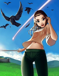 1girl a_song_of_ice_and_fire arya_stark bird blood blue_eyes brown_hair long_hair midriff navel outdoors raven smile sword weapon whitesasuke