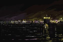 Rule 34 | city, city lights, harbor, highres, night, night sky, ocean, original, painting (medium), reflection, reflective water, scenery, ship, shore, sky, skyline, slow d, traditional media, water, watercraft
