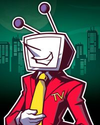 1boy ant_tenna cityscape commentary crt deltarune english_commentary ghost_trick gloves highres jacket male_focus necktie object_head outline parody pointy_nose red_jacket shirt sirdusterbuster smile solo style_parody teeth upper_body white_gloves white_outline white_shirt yellow_necktie