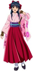 1girl artist_request black_hair black_shoes blush bow brown_bow brown_eyes brown_gloves collar fingerless_gloves floral_print floral_print_kimono floral_print_sleeves full_body gloves hair_ornament hair_ribbon hakama hakama_skirt half_updo high_heels high_ponytail japanese_clothes kimono light_smile long_hair long_sleeves looking_afar looking_at_viewer meiji_schoolgirl_uniform obi obijime official_art open_mouth parted_lips pink_kimono ponytail print_kimono pumps purple_sash puyopuyo puyopuyo_quest red_hakama red_ribbon ribbon sakura_taisen sash second-party_source sega sheath sheathed shinguuji_sakura shoes sidelocks skirt smile socks solo standing transparent_background wavy_hair white_collar white_socks wide_sleeves