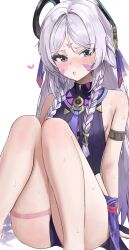 1girl absurdres barefoot blush breasts citlali_(genshin_impact) commentary_request deokgi_(hongdeosgi) feet feet_out_of_frame foot_focus genshin_impact grey_hair highres long_hair looking_at_viewer sideboob simple_background sitting solo tagme thighs