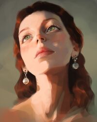 1girl aegyo_sal art_study blush earrings green_eyes head_tilt highres jewelry light_smile original paint pearl_earrings portrait red_hair red_lips sam_yang solo wavy_hair