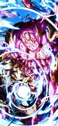 Rule 34 | 1boy, 1other, absurdres, beanie, blonde hair, blue eyes, blue lips, glowing, glowing eyes, golden spiral, hat, highres, horseshoe ornament, johnny joestar, jojo no kimyou na bouken, noonvincent, red eyes, short sleeves, stand (jojo), star (symbol), star ornament, star print, steel ball run, tusk (stand), tusk act4, white hat, wristband