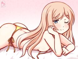 1girl artist_logo bikini blue_eyes breasts dated gradient_background kanon_(kurogane_knights) kantai_collection logo long_hair lying micro_bikini on_stomach one_eye_closed orange_hair pink_background salmon_(kancolle) side-tie_bikini_bottom small_breasts smile solo swimsuit thong_bikini untied_bikini