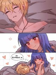 1boy 1girl 3koma comic dizzy_(guilty_gear) english_text guilty_gear hetero ky_gwangin ky_kiske red_eyes sleeping speech_bubble thought_bubble