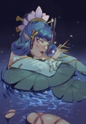 1girl blue_hair detached_sleeves evelynn_(league_of_legends) flower hair_flower hair_ornament highres league_of_legends lily_pad long_hair looking_at_viewer pink_flower purple_eyes shadow solo water yinggu