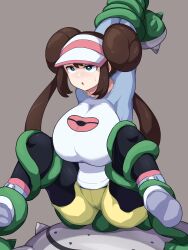 1girl absurdres annoyed arms_up bdsm blue_eyes bondage bound bound_arms breasts brown_hair clothes commentary_request creatures_(company) double_bun ferrothorn game_freak gen_5_pokemon hair_bun highres huge_breasts kerriaria long_hair nintendo pantyhose plant plant_monster poke_ball_print pokemon pokemon_(creature) pokemon_bw2 raglan_sleeves restrained rosa_(pokemon) shoes short_shorts shorts sidelocks simple_background solo_focus spikes spread_legs sweat tentacles twintails very_long_hair vines visor_cap