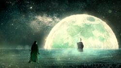 1boy 1girl armor black_hair blue_robe cape dsittaro elden_ring from_behind full_moon galaxy gauntlets greaves hat highres holding holding_staff holding_sword holding_weapon long_hair moon rennala_queen_of_the_full_moon robe scenery staff sword tall_hat weapon yellow_hat