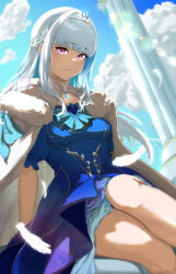 1girl absurdres arm_support bare_legs blue_dress blue_gemstone blue_hair blue_sky blunt_bangs braid breasts cloak closed_mouth cloud colored_inner_hair commentary_request day dress eyelashes falling_feathers feathers feet_out_of_frame fur-trimmed_cloak fur_trim gem half_up_braid highres lens_flare light_smile lize_helesta lize_helesta_(3rd_costume) long_hair long_sidelocks looking_at_viewer multicolored_hair nijisanji pillar puffy_short_sleeves puffy_sleeves purple_eyes quilted_clothes short_sleeves sidelocks silver_tiara sitting sky small_breasts solo two-tone_hair very_long_hair virtual_youtuber white_cloak white_feathers white_hair yamaotoko