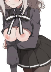 1girl black_shirt black_skirt blush breasts breasts_out brown_pantyhose closed_mouth grey_hair head_out_of_frame highres large_breasts lily_(spy_kyoushitsu) long_sleeves medium_hair morisobo nipples pantyhose shirt simple_background skirt smile solo spy_kyoushitsu sweat white_background