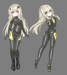 1girl ass black_bodysuit blush bodysuit breasts character_request covered_navel full_body green_eyes grey_background highres langley1000 long_hair looking_at_viewer multiple_views simple_background small_breasts solo standing very_long_hair