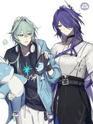 1boy 1girl ? acheron_(honkai:_star_rail) alternate_costume anaxa_(honkai:_star_rail) belt black_choker black_shirt blue_jacket cat chinese_commentary choker closed_mouth collarbone couple green_eyes green_hair hair_between_eyes hair_intakes hair_ornament hair_over_one_eye hair_over_shoulder hand_on_another&#039;s_head hand_up head_tilt headphones headphones_around_neck highres holding holding_stuffed_toy honkai:_star_rail honkai_(series) jacket jewelry leaning_forward linzigugugu long_hair long_sleeves looking_at_another looking_to_the_side low_ponytail multicolored_eyes multicolored_hair necklace off_shoulder open_clothes open_jacket pants parted_lips ponytail red_pupils shade shirt short_sleeves side_slit simple_background skirt spoken_animal spoken_question_mark standing streaked_hair stuffed_animal stuffed_toy white_background white_pants white_shirt zipper