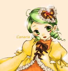 1girl blush commentary_request dress drill_hair green_eyes green_hair hair_ornament kanaria kasabe_miori looking_at_viewer rozen_maiden short_hair smile solo twin_drills yellow_dress