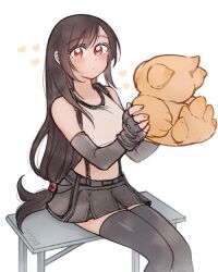 Rule 34 | 1girl, 2025, artist name, bare shoulders, black gloves, black hair, black skirt, black thighhighs, blush, chocobo, closed mouth, commentary, crop top, elbow gloves, feet out of frame, final fantasy, final fantasy vii, final fantasy vii rebirth, final fantasy vii remake, fingerless gloves, gloves, heart, holding, holding stuffed toy, linono, long hair, looking at viewer, low-tied long hair, midriff, miniskirt, red eyes, simple background, sitting, skirt, solo, stuffed toy, suspender skirt, suspenders, swept bangs, symbol-only commentary, tank top, thighhighs, three quarter view, tifa lockhart, white background, white tank top