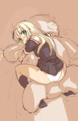 10s 1girl bear blonde_hair clothes_lift ez6 female_focus girl_on_top green_eyes kantai_collection kneehighs long_hair looking_at_viewer looking_back panties simple_background skirt skirt_lift socks solo stuffed_animal stuffed_toy teddy_bear underwear white_panties yuudachi_(kancolle)