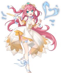 1girl artist_request bare_shoulders breasts cleavage covered_navel earrings fang flower four-pointed_star full_body game_cg green_eyes hair_flower hair_ornament heart-shaped_gem highres holding jewelry legend_clover long_hair official_alternate_costume official_art open_mouth pink_hair rusalka_(legend_clover) see-through_clothes solo standing standing_on_one_leg tattoo third-party_source transparent_background very_long_hair water