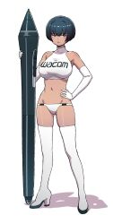 1girl artist_request breasts dark-skinned_female dark_skin groin large_breasts pen short_hair tagme