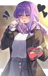 Rule 34 | 1girl, absurdres, akanora, alternate costume, artist name, blunt bangs, blurry, blurry background, blush, box, box of chocolates, brown coat, chocolate, coat, collared coat, commentary, dessert, english commentary, food, genshin impact, gift, grey pants, hand on own cheek, hand on own face, hands up, highres, holding, index finger raised, long hair, long sleeves, looking to the side, lower teeth only, mole, mole under eye, multicolored background, nose blush, open clothes, open coat, open mouth, pants, pink lips, pov, purple eyes, purple hair, purple scarf, raiden shogun, scarf, solo, standing, sweater, sweets, teeth, valentine, watermark, white sweater