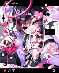 1boy arm_cuffs artist_name bandaid black_choker black_hair black_nails black_ribbon black_sweater blush chain choker commentary_request demon halo heterochromia highres holding_pouch instagram intravenous_drip jewelry jirai_kei kaminoq male_focus multiple_bandages multiple_rings nail_polish o-ring open_clothes original pill ribbon ring sharp_teeth slit_pupils solo sweater swept_bangs teeth yami_kawaii