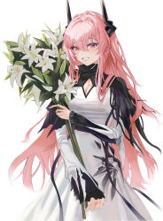 1girl absurdres arknights black_dress black_horns bouquet breasts chaosufan111_3 cleavage cleavage_cutout clothing_cutout cowboy_shot dress flower highres holding holding_bouquet horns long_hair long_sleeves looking_at_viewer multicolored_dress pink_eyes pink_hair smile solo theresa_(arknights) two-tone_dress white_background white_dress