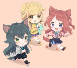 3girls animal_ears black_skirt blonde_hair blue_eyes blush braid brown_background cat_ears chibi coat cropped_jacket fang fujita_kotone gakuen_idolmaster green_eyes green_hair grey_coat hanami_saki hatsuboshi_gakuen_school_uniform hutaba idolmaster jacket kemonomimi_mode long_hair long_sleeves low_twin_braids multiple_girls open_mouth paw_print pink_jacket red_hair school_uniform shirt simple_background skirt smile tsukimura_temari twin_braids two_side_up walking yellow_eyes yellow_shirt