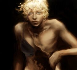 Rule 34 | 1girl, black blood, bleeding, blonde hair, blood, blue eyes, glowing, glowing hair, hand on own chest, hole in chest, hole on body, jang hayoung, looking at viewer, macaronijail, no nipples, no shirt, omniscient reader&#039;s viewpoint, painterly, short hair, skinny, upper body