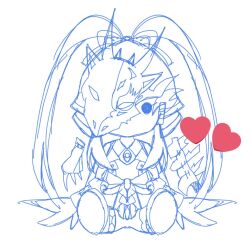 Rule 34 | 1girl, armor, armored dress, chibi, covered eyes, dragon, dragon girl, dragon tail, dress, female focus, headgear, helmet, helmet over eyes, looking at viewer, nacht 7810, on floor, rough sketch, sitting, sketch, solo, solo focus, stuffed toy, swordsoul (yu-gi-oh!), swordsoul of mo ye, tail, toy, yu-gi-oh!