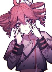 1girl ahoge art_waven black_sleeve_cuffs bow buttons chromatic_aberration colored_inner_hair crop_top cropped_jacket double-breasted double-parted_bangs drill_hair film_grain grey_jacket hair_between_eyes hair_bow hands_on_own_cheeks hands_on_own_face hashtag-only_commentary head_tilt highres jacket kasane_teto kasane_teto_(sv) layered_sleeves lips long_sleeves looking_at_viewer makeup medium_hair midriff multicolored_hair musical_staff musical_staff_print pale_skin parted_lips red_eyes red_hair red_nails red_trim ringed_eyes runny_makeup short_over_long_sleeves short_sleeves solo straight-on synthesizer_v turtleneck turtleneck_jacket twin_drills twitter_username upper_body utau white_bow