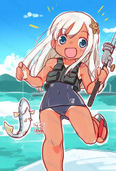 1girl artist_logo black_one-piece_swimsuit black_vest blue_eyes blue_sky character_hair_ornament cloud commentary_request day feet_out_of_frame fish fishing_rod gen_1_pokemon hair_ornament highres kantai_collection kutone_shirika logo long_hair looking_at_viewer nintendo old_school_swimsuit one-piece_swimsuit one-piece_tan open_mouth outdoors pokemon ro-500_(kancolle) sandals school_swimsuit sky smile solo standing standing_on_one_leg star_(symbol) star_hair_ornament staryu swimsuit tan tanline utility_vest vest white_hair