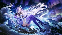 1girl breasts closed_eyes commentary crossed_legs dress facing_to_the_side floating_hair genshin_impact guitar high_heels highres holding holding_guitar holding_instrument instrument kyusoukyu large_breasts long_hair prosthesis prosthetic_arm prosthetic_leg sitting skirk_(genshin_impact) solo very_long_hair water white_dress white_hair